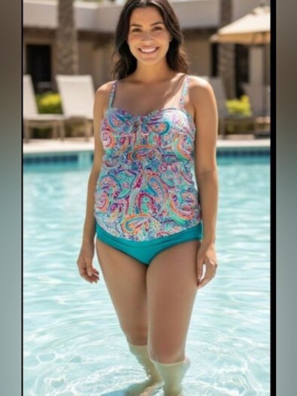 Motherhood Maternity teal, pink and orange paisley Tankini top Size XL EUC